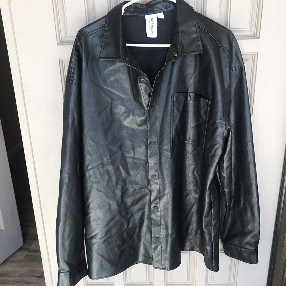 Collusion Faux Leather Ladies Shirt SzXL Black Snap Closure Cuffs Collar NWOT